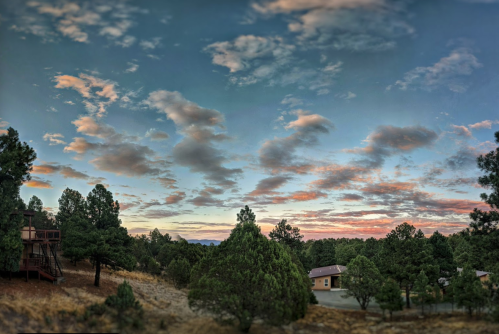 A panoramic view of a serene landscape with trees, a colorful sky, and distant mountains at sunset.