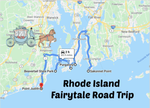 Map of a Rhode Island fairytale road trip route, highlighting locations like Point Judith and Purgatory.
