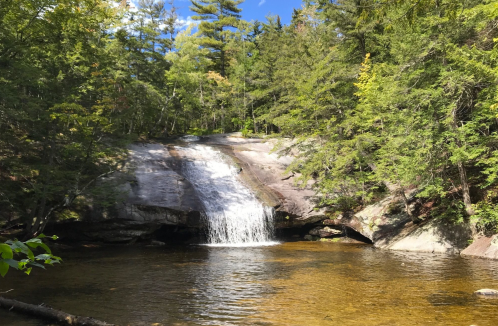 A serene waterfall cascades over rocks into a clear pool, surrounded by lush green trees and a blue sky.