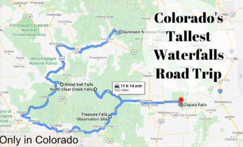Map showing a road trip route to Colorado's tallest waterfalls, highlighting key locations and total distance.