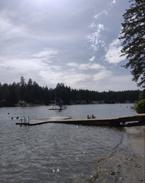 A serene lake scene with a wooden dock, swimmers, and trees under a partly cloudy sky.