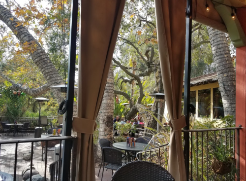 View of a lush outdoor dining area with trees and tables, framed by curtains.