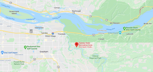 Map showing the location of Dabney State Recreation Area near the Columbia River, surrounded by woods and parks.