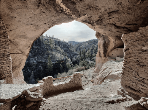 View from a cave opening overlooking a forested canyon with rocky cliffs and a cloudy sky.