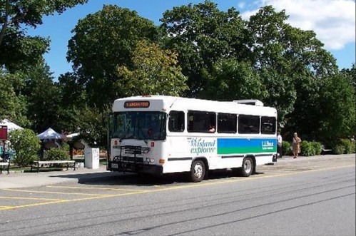 A white bus with green and blue accents parked on a street, surrounded by trees and people in the background.