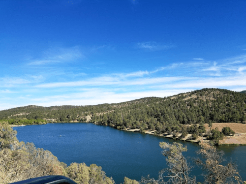 A serene lake surrounded by green trees under a clear blue sky, with gentle hills in the background.
