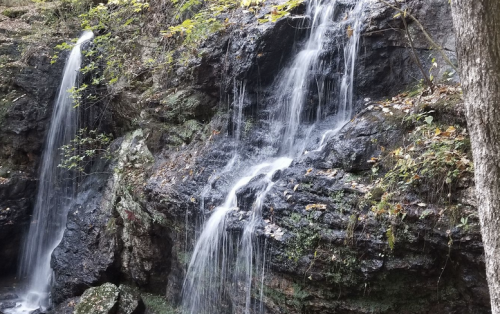 A serene waterfall cascading over rocky terrain, surrounded by lush greenery and autumn leaves.