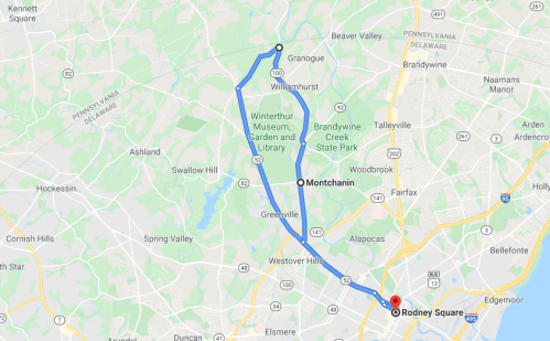 Map showing a route from Granogue to Rodney Square, passing near Winterthur Museum and Brandywine Creek State Park.