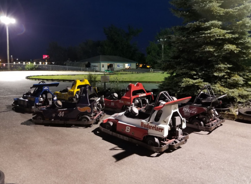 A group of colorful go-karts parked on a track at night, with trees and a building in the background.