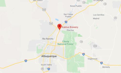 Map showing the location of Kaktus Brewery near Placitas, New Mexico, with nearby highways and landmarks.