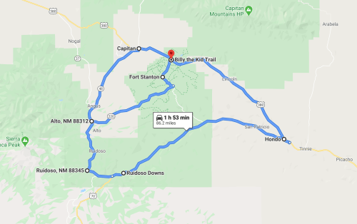 Map showing a route around Capitan, NM, including Billy the Kid Trail, with a total distance of 86.2 miles.