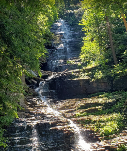 A serene waterfall cascading down rocky steps, surrounded by lush green trees and sunlight filtering through the foliage.