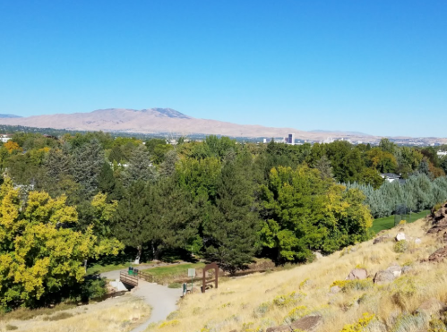 A scenic view of a valley with trees, a path, and mountains in the background under a clear blue sky.