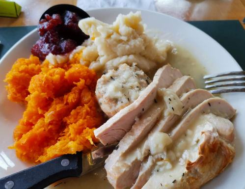 A plate of sliced turkey with gravy, mashed potatoes, sweet potato, and a side of cranberry sauce.
