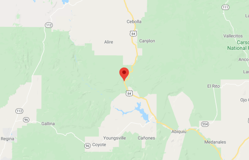 Map showing a location marked by a red pin near Cebolla, New Mexico, with surrounding green areas and roads.