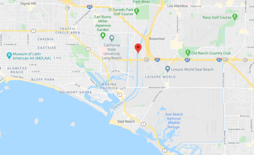 Map showing a location marked with a red pin near Long Beach and Seal Beach, California.