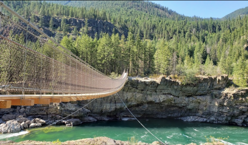 A suspension bridge spans a river, surrounded by lush green trees and rocky cliffs under a clear blue sky.