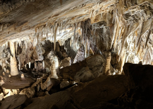 Stalactites and stalagmites in a dimly lit cave, showcasing intricate rock formations and textures.