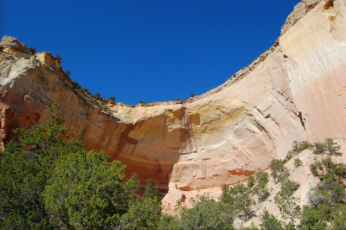 A rocky cliff with layered colors under a clear blue sky, surrounded by green shrubs and trees.