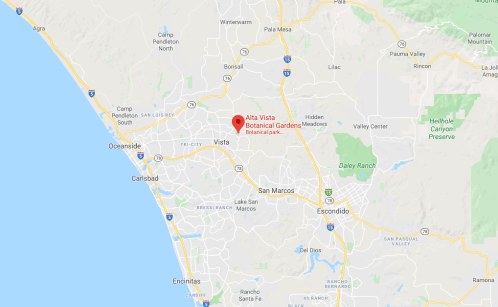 Map showing the location of Alta Vista Botanical Gardens in Vista, California, near Oceanside and San Marcos.