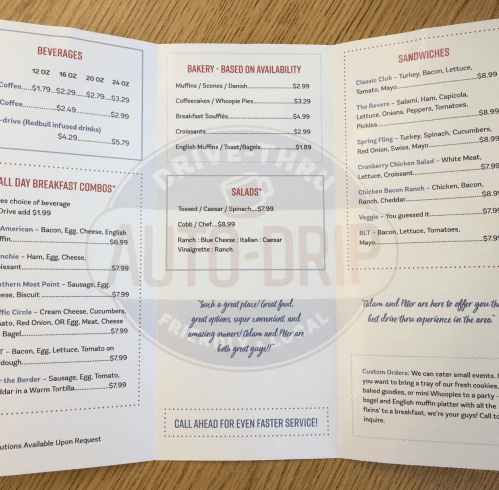 Menu featuring beverages, breakfast combos, bakery items, salads, and sandwiches with prices listed.