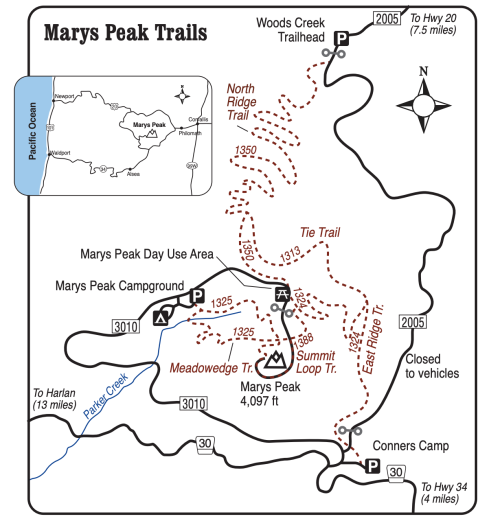 Map of Marys Peak Trails, showing routes, trailheads, and key locations like campgrounds and parking areas.