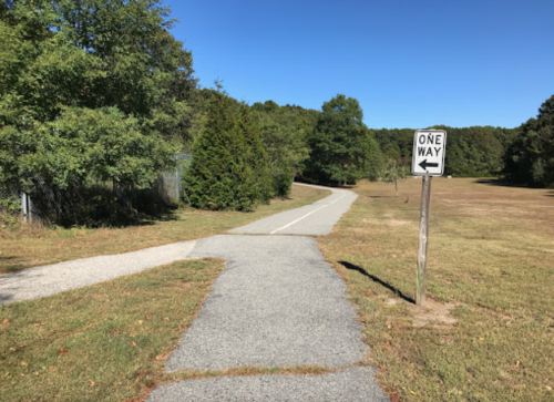 A winding path through a grassy area with a "One Way" sign pointing left. Trees line the path under a clear blue sky.