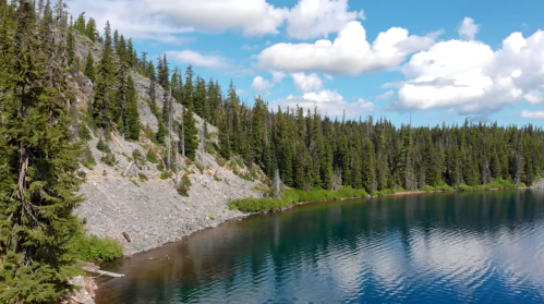 A serene lake surrounded by lush green trees and rocky cliffs under a blue sky with fluffy white clouds.