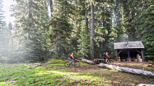 Two mountain bikers ride through a lush forest, passing a rustic cabin surrounded by tall trees and sunlight.
