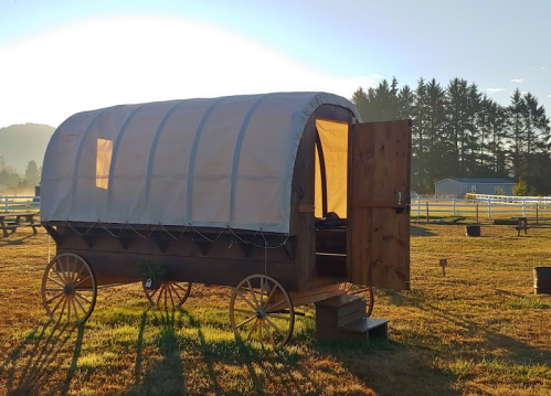 A wooden wagon with a canvas cover, set in a grassy field at sunrise, surrounded by trees and a fence.