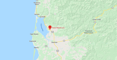 Map showing the location of Twins Ranch LLC near Tillamook Bay, Oregon, with nearby roads and landmarks.