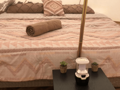 Cozy tent interior with a bed, rolled blanket, lantern, and small potted plants on a side table.
