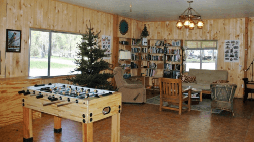 Cozy room with wooden walls, a foosball table, a bookshelf, a couch, and a small Christmas tree by the window.