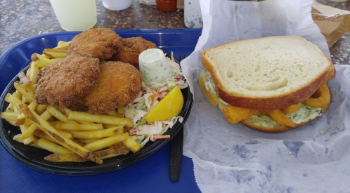 A plate of fried fish cakes with fries and coleslaw, alongside a sandwich filled with fish and tartar sauce.