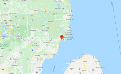 Map showing the location of Oscoda County Historical Museum near Lake Huron in Michigan.