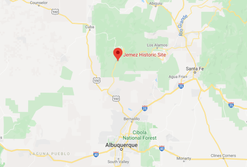 Map showing the location of Jemez Historic Site near Santa Fe, New Mexico, with surrounding areas and highways marked.