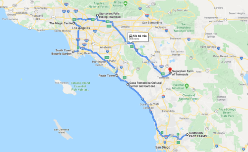 Map showing a route from San Diego to Temecula, highlighting key locations like Sturtevant Falls and Sugarplum Farm.