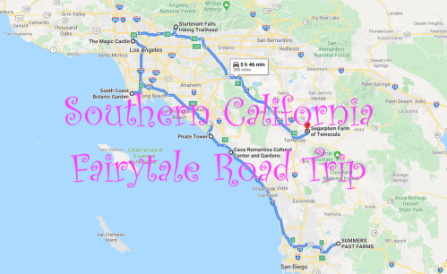Map of Southern California with a route marked for a fairytale road trip, featuring playful pink text.