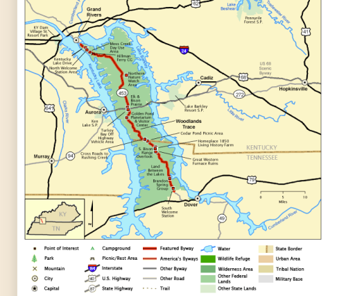 Map of Kentucky and Tennessee showing highways, points of interest, campgrounds, and water bodies in the area.