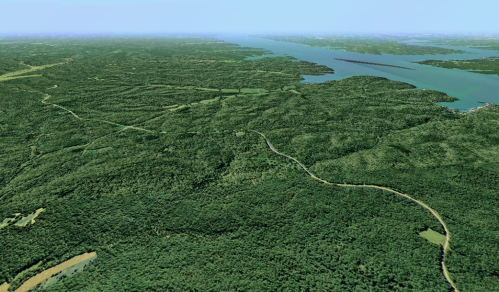 Aerial view of lush green forests and a winding river, with a distant lake under a clear blue sky.