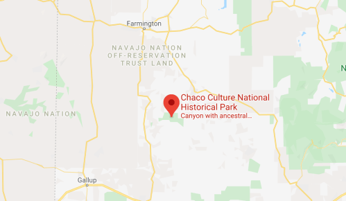 Map showing the location of Chaco Culture National Historical Park in New Mexico, near Navajo Nation.