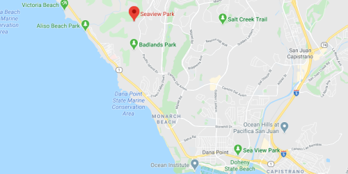Map showing Seaview Park located near the coast, with nearby parks and trails in the San Juan Capistrano area.