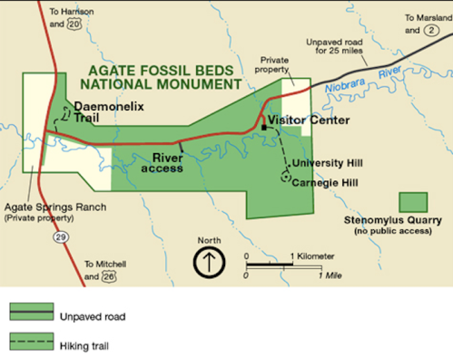 Map of Agate Fossil Beds National Monument showing trails, roads, and key locations like the Visitor Center and quarry.