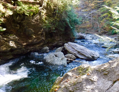 A serene river flows through rocky terrain, surrounded by lush greenery and autumn foliage.