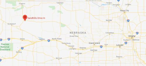 Map of Nebraska highlighting the location of Sandhills Drive In near Scottsbluff.