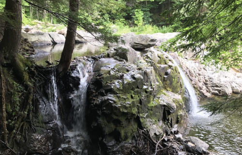 A serene scene of a waterfall cascading over moss-covered rocks, surrounded by lush green trees and a calm river.
