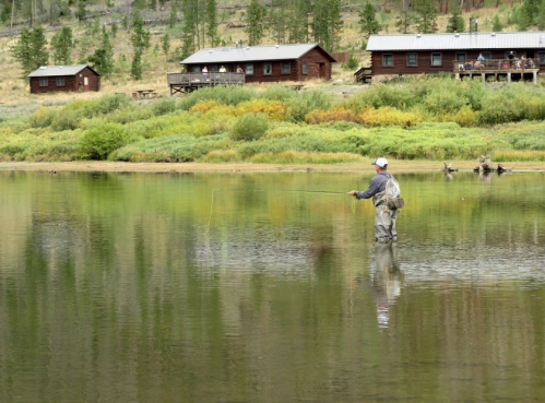 A person fly fishing in a calm lake, with wooden cabins and lush greenery in the background.