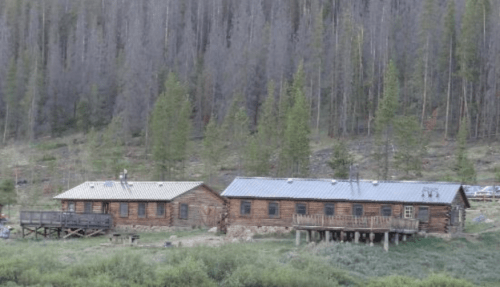 A rustic log cabin surrounded by tall trees and greenery, set against a mountainous backdrop.