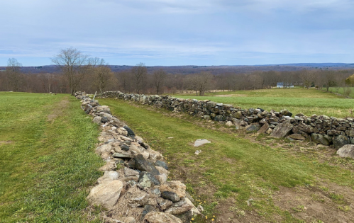 A grassy landscape with a stone wall running along a path, surrounded by trees and rolling hills under a cloudy sky.