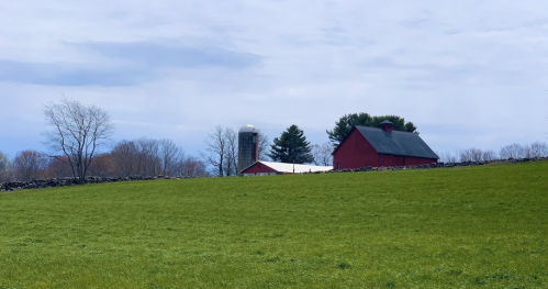 A red barn and silo stand in a green field under a cloudy sky, surrounded by trees and stone walls.